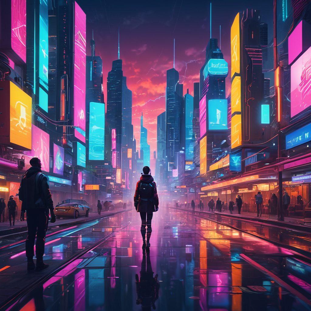 A stylized digital landscape featuring various abstract representations of adult content trends, like evolving technology, diverse avatars, and social media icons blending into a vibrant city skyline. Include a glowing pathway symbolizing navigation through these trends, with a subtle hint of transformation and progress. The mood should be intriguing yet tasteful. vibrant colors. cyberpunk. 3D.